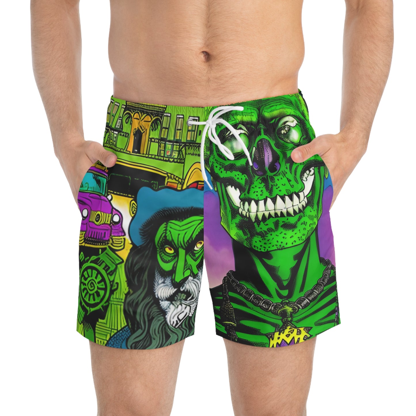 Vibrant Skull Print Swim Trunks for Summer Vibes, Beachwear, Pool Party, Vacation Essentials, Men's Swimwear, AOP Design
