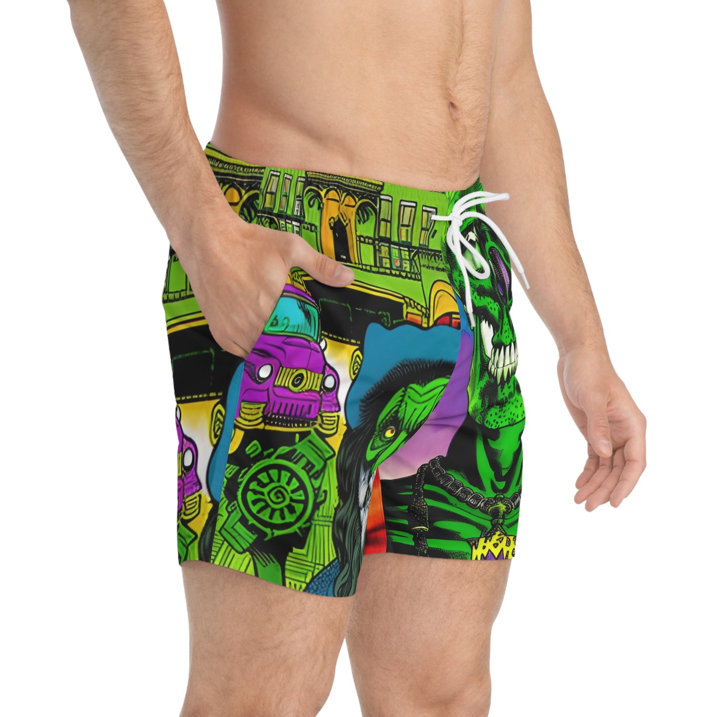 Vibrant Skull Print Swim Trunks for Summer Vibes, Beachwear, Pool Party, Vacation Essentials, Men's Swimwear, AOP Design